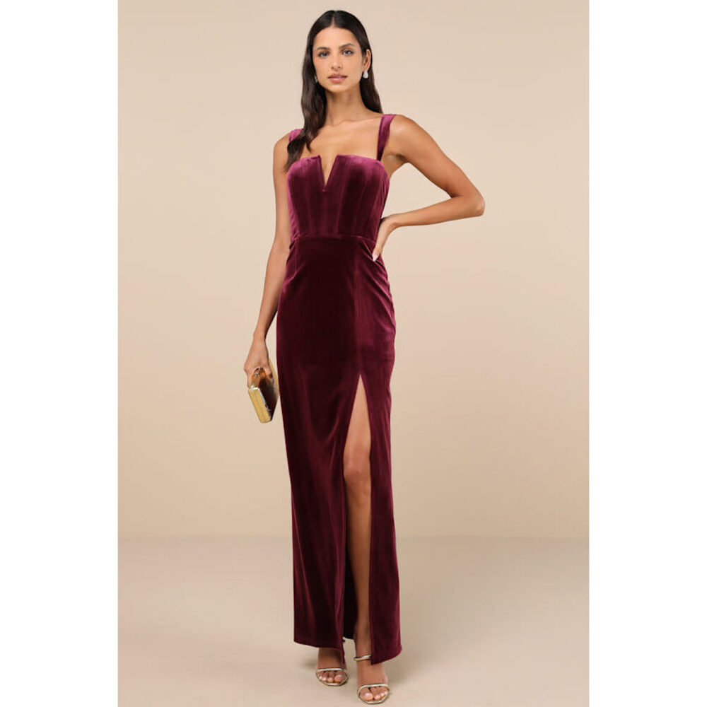 NWT! Lulus Pristine Luxury Dark Berry Velvet Bustier Maxi Dress Purple - Size S